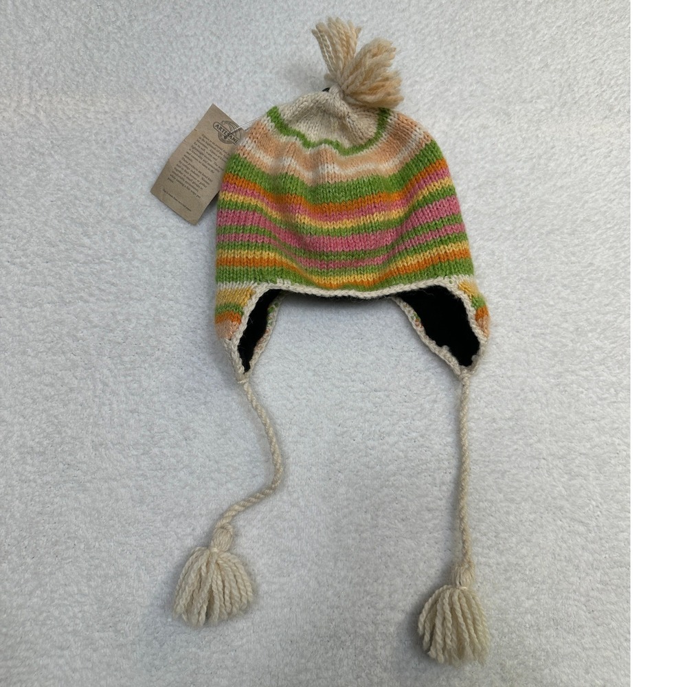 Artesania Alpaca Wool Hat Multicolor Stripes‎ Pom Ear Flaps Handmade Kids-New